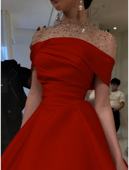 Wholesa A-Line Evening Gown Elegant Dress Formal Red Green Dress Floor Length Short Sleeve Illusion Neck Satin with Ruched Beading