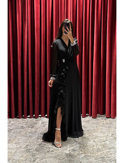 Wholesa A-Line Evening Gown High Split Dress Formal Fall Sweep / Brush Train Long Sleeve V Neck Stretch Fabric with Pleats Crystals Ruffles