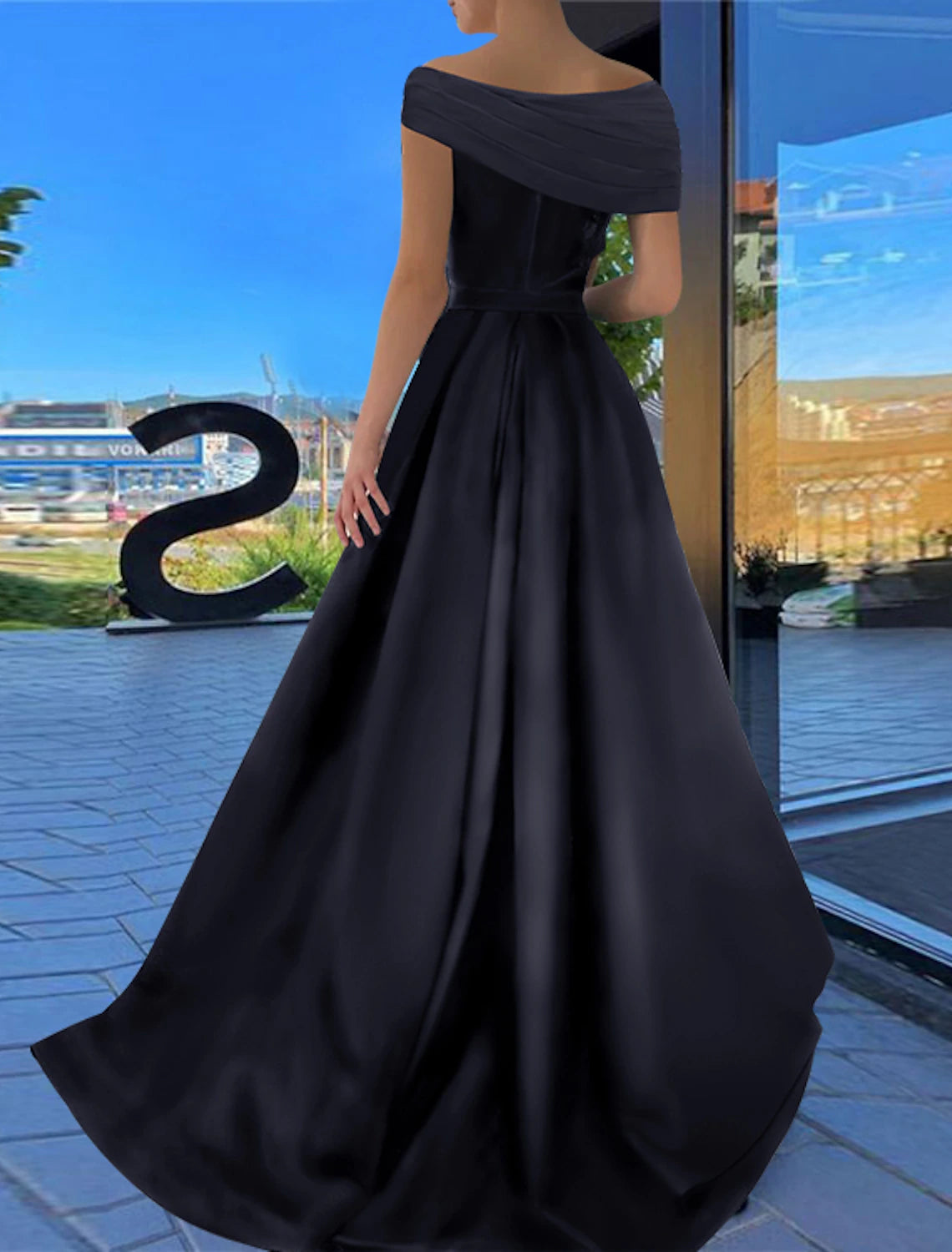 wholesale  A-Line Prom Dresses Little Black Dress Dress Formal Floor Length Short Sleeve Off Shoulder Satin with Ruched Slit