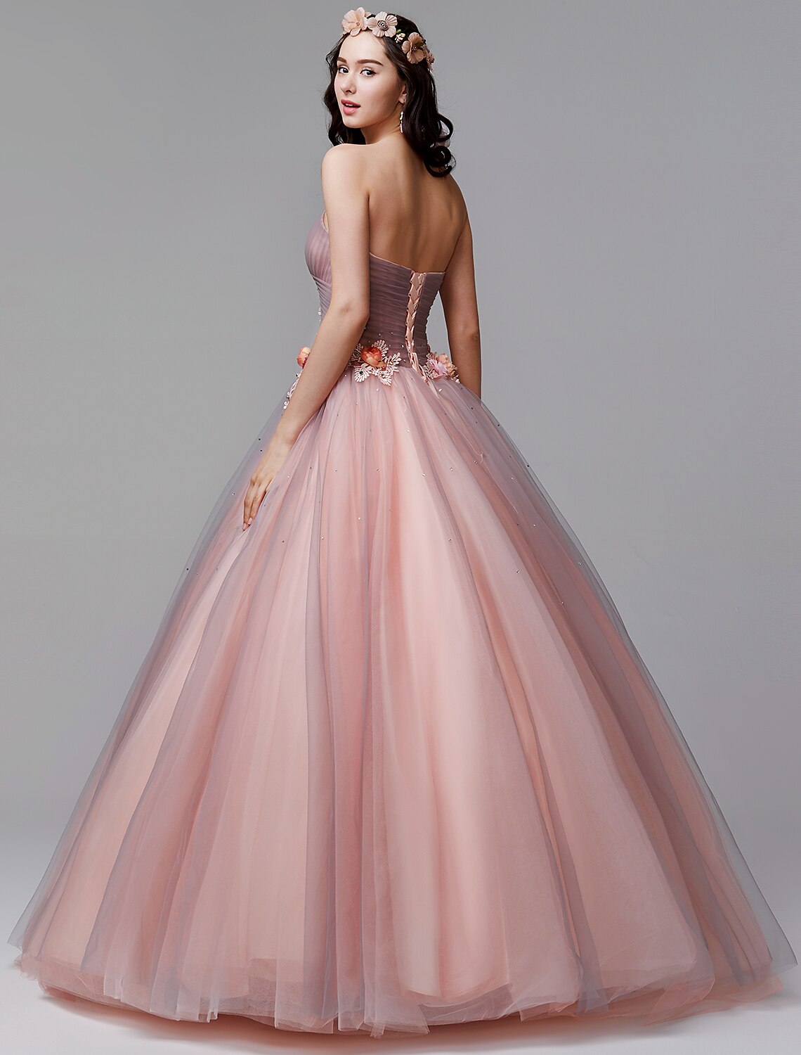 Wholesa Ball Gown Floral Formal Evening Dress Strapless Sleeveless Floor Length Tulle with Pleats Flower