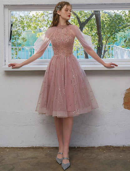 wholesale A-Line Cocktail Dresses Party Dress Engagement Knee Length 3/4 Length Sleeve Jewel Neck Tulle with Sequin Appliques