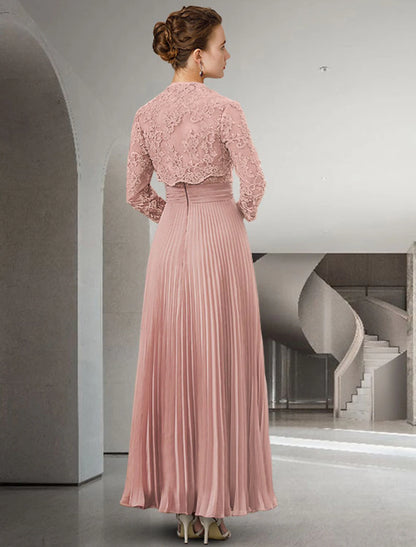 wholesale  Two Piece A-Line Mother of the Bride Dress Church Elegant Sweetheart Floor Length Chiffon Lace Long Sleeve Wrap Included with Pleats Appliques