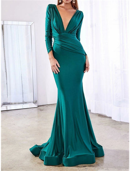 Wholesa Mermaid / Trumpet Bridesmaid Dress V Neck Long Sleeve Elegant Court Train Chiffon with Ruching / Solid Color