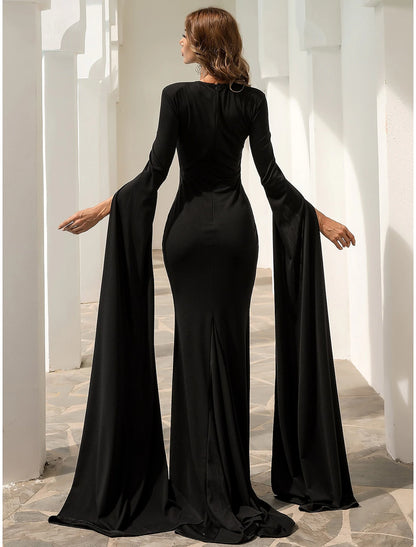 Wholesa Black Mermaid / Trumpet Evening Gown Elegant Dress Formal Fall Court Train Long Sleeve Jewel Neck Stretch Fabric with Pleats