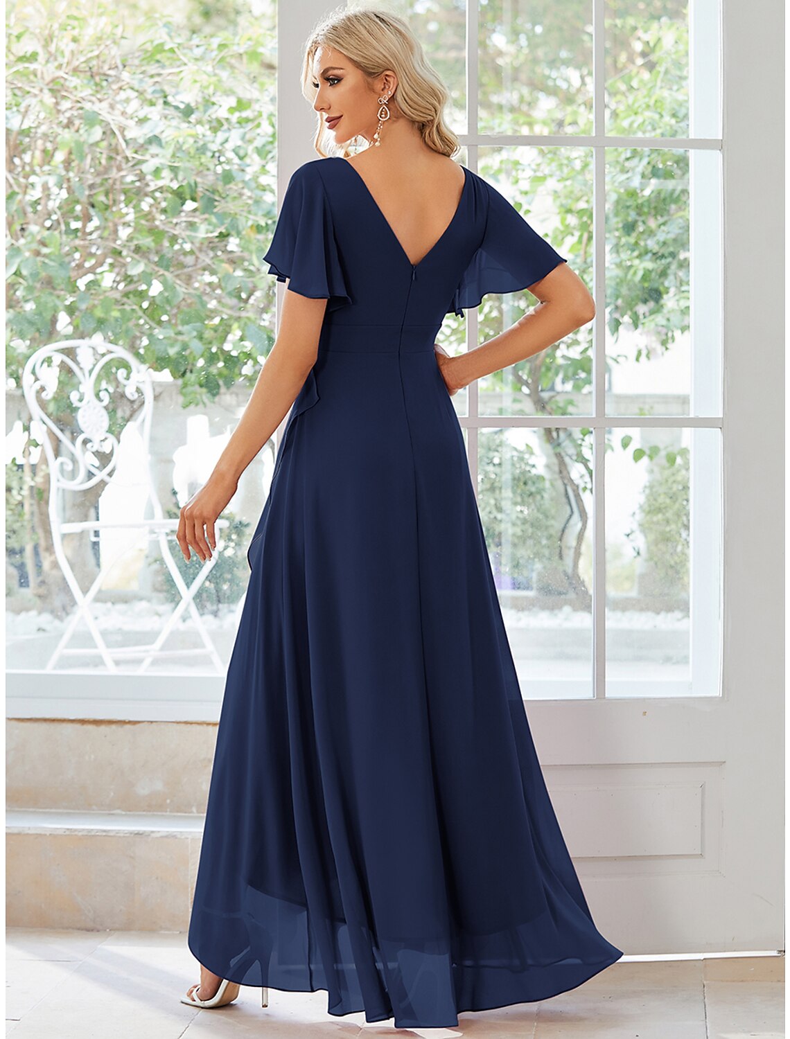 Wholesa  A-Line Wedding Guest Dresses Casual Dress Party Dress Wedding Party Asymmetrical Short Sleeve V Neck Bridesmaid Dress Chiffon with Ruffles Pure Color