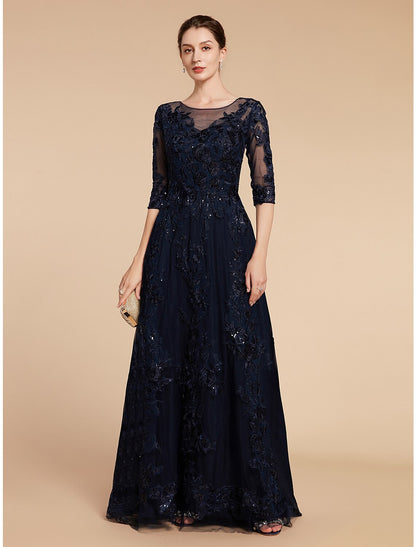 Wholesa  A-Line Mother of the Bride Dress Formal Wedding Guest Elegant Party Scoop Neck Floor Length Chiffon Lace 3/4 Length Sleeve with Sequin Appliques