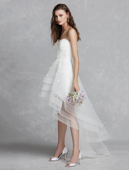 Wholesale Reception Little White Dresses Wedding Dresses A-Line Sweetheart Strapless Asymmetrical Lace Bridal Gowns With Appliques Summer Wedding Party