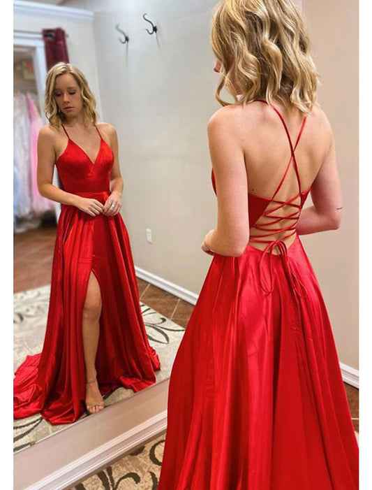 wholesale  A-Line Prom Dresses Sexy Dress Formal Sweep / Brush Train Sleeveless V Neck Imitation Silk Backless with Slit