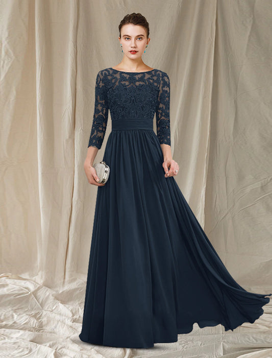 wholesale  A-Line Mother of the Bride Dress Elegant Jewel Neck Floor Length Chiffon Lace 3/4 Length Sleeve with Pleats Appliques