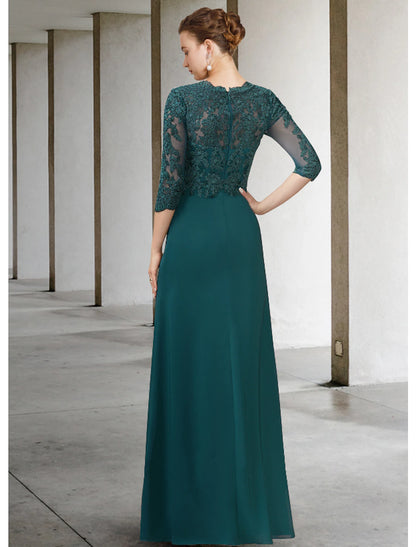 Wholesa  A-Line Mother of the Bride Dress Elegant V Neck Floor Length Chiffon Lace Half Sleeve with Draping Appliques