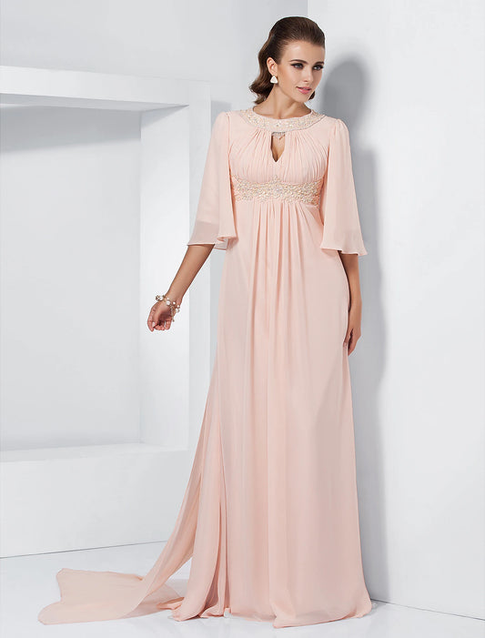 Wholesa A-Line Special Occasion Dresses Elegant Dress Wedding Guest Formal Evening Sweep / Brush Train Half Sleeve Jewel Neck Chiffon with Beading Draping