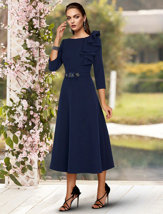 Wholesa  A-Line Mother of the Bride Dress Wedding Guest Elegant Jewel Neck Tea Length Stretch Fabric 3/4 Length Sleeve with Sash / Ribbon Side Draping Fall