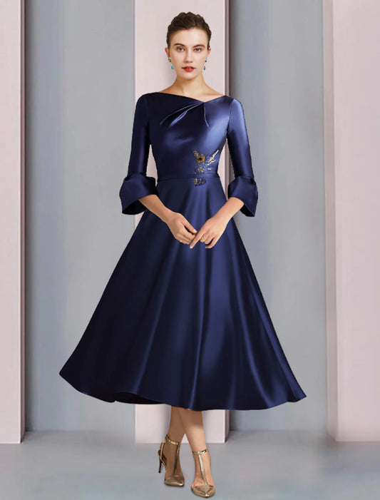 Wholesa A-Line Mother of the Bride Dress Formal Wedding Guest Elegant Bateau Neck Tea Length Satin 3/4 Length Sleeve with Pleats Beading