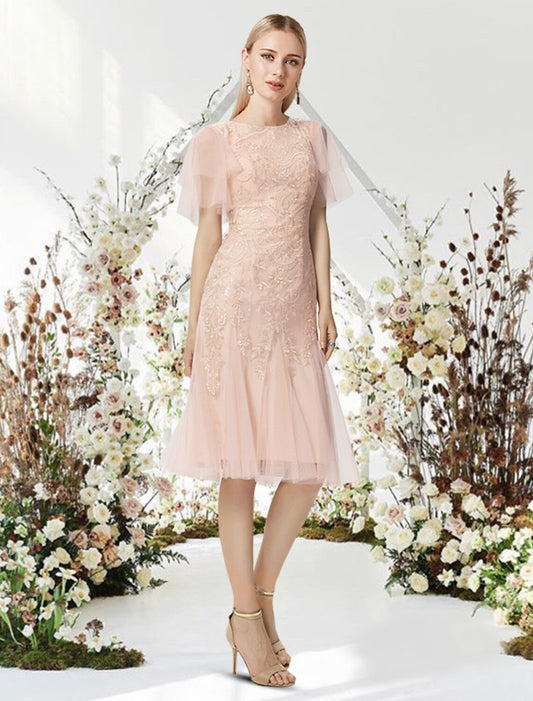 wholesale A-Line Cocktail Dresses Flirty Dress Graduation Knee Length Half Sleeve Jewel Neck Lace with Appliques