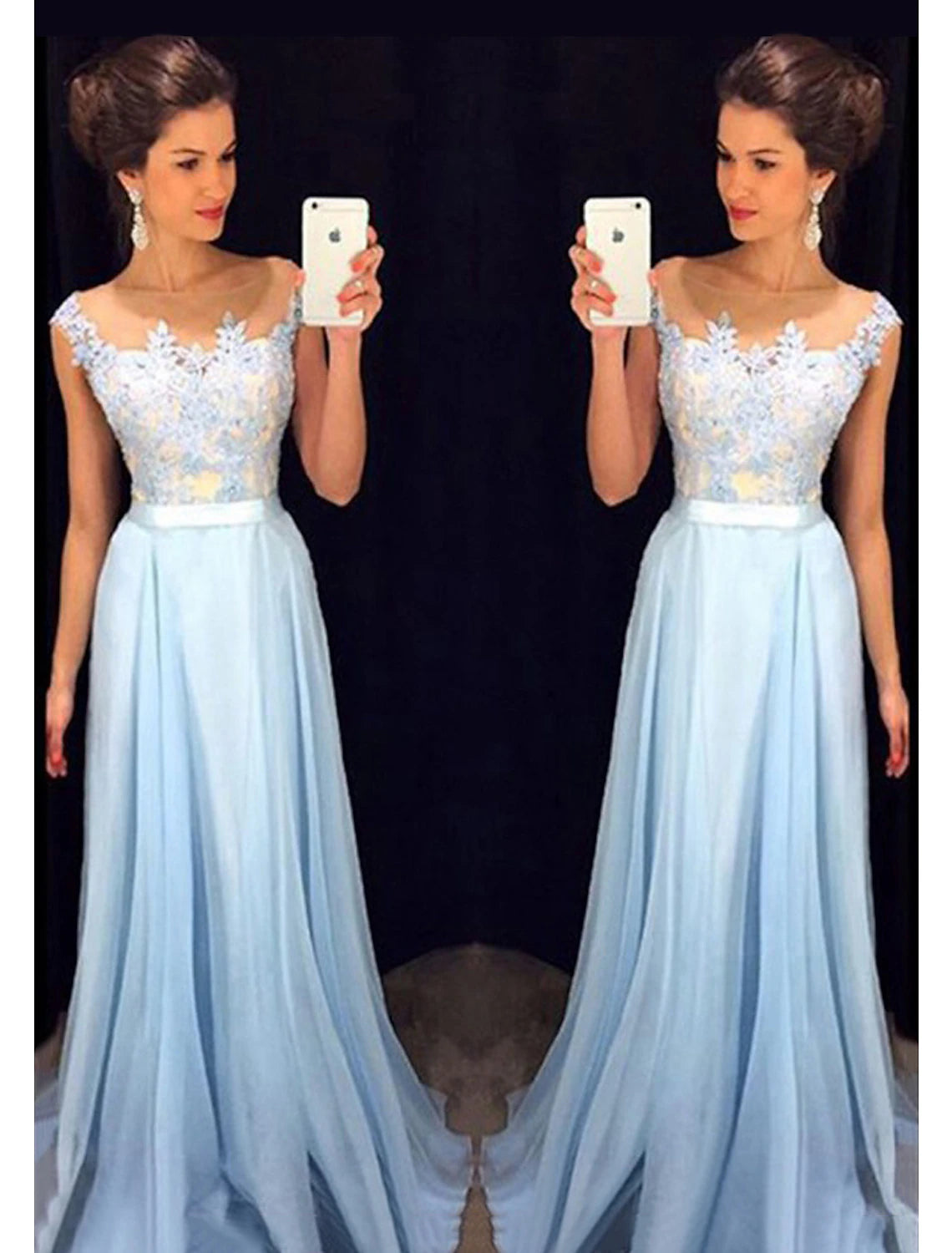 Wholesale A-Line Prom Dresses Color Block Dress Formal Floor Length Sleeveless Jewel Neck Chiffon with Beading Appliques