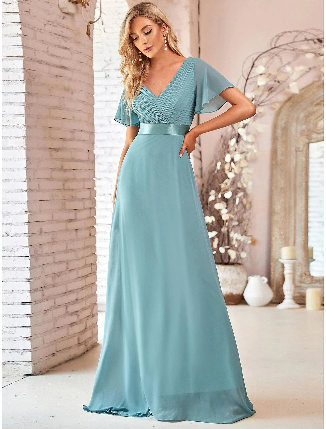 wholesale  A-Line Evening Gown Empire Dress Wedding Guest Floor Length Short Sleeve V Neck Chiffon V Back with Ruffles Pure Color