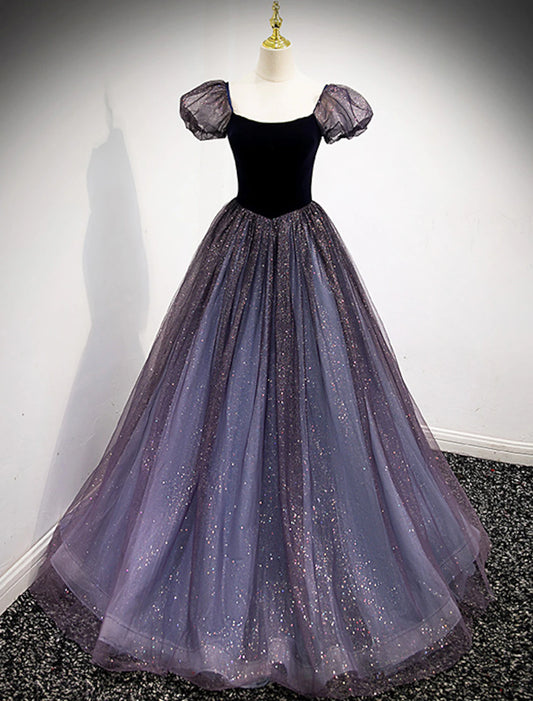 wholesale Ball Gown Prom Dresses Cute Dress Engagement Floor Length Short Sleeve Square Neck Tulle with Sequin Splicing