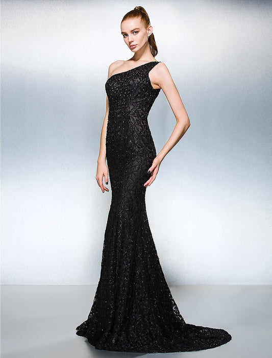 Wholesa Sheath / Column Sparkle & Shine Dress Holiday Cocktail Party Court Train Sleeveless One Shoulder Lace with Beading