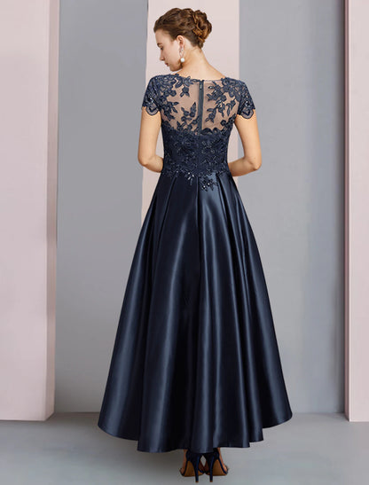 Wholesa  A-Line Mother of the Bride Dress Formal Wedding Guest Party Elegant High Low Scoop Neck Asymmetrical Tea Length Satin Lace Half Sleeve with Sequin Appliques