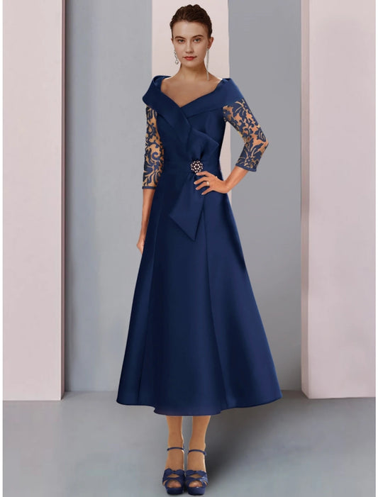 Wholesa  A-Line Mother of the Bride Dress Wedding Guest Elegant Petite V Neck Tea Length Satin Lace 3/4 Length Sleeve with Bow(s) Crystal Brooch Ruching