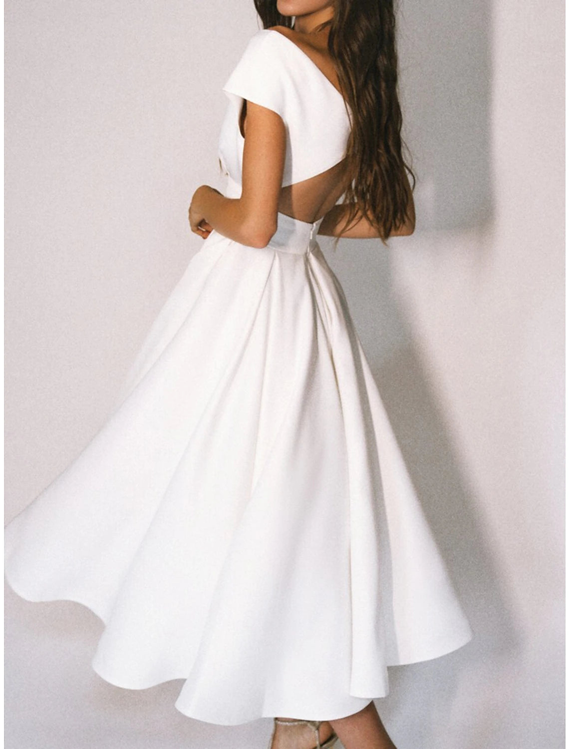 Wholesa Reception Little White Dresses Casual Wedding Dresses A-Line V Neck Cap Sleeve Tea Length Chiffon Bridal Gowns With Pleats