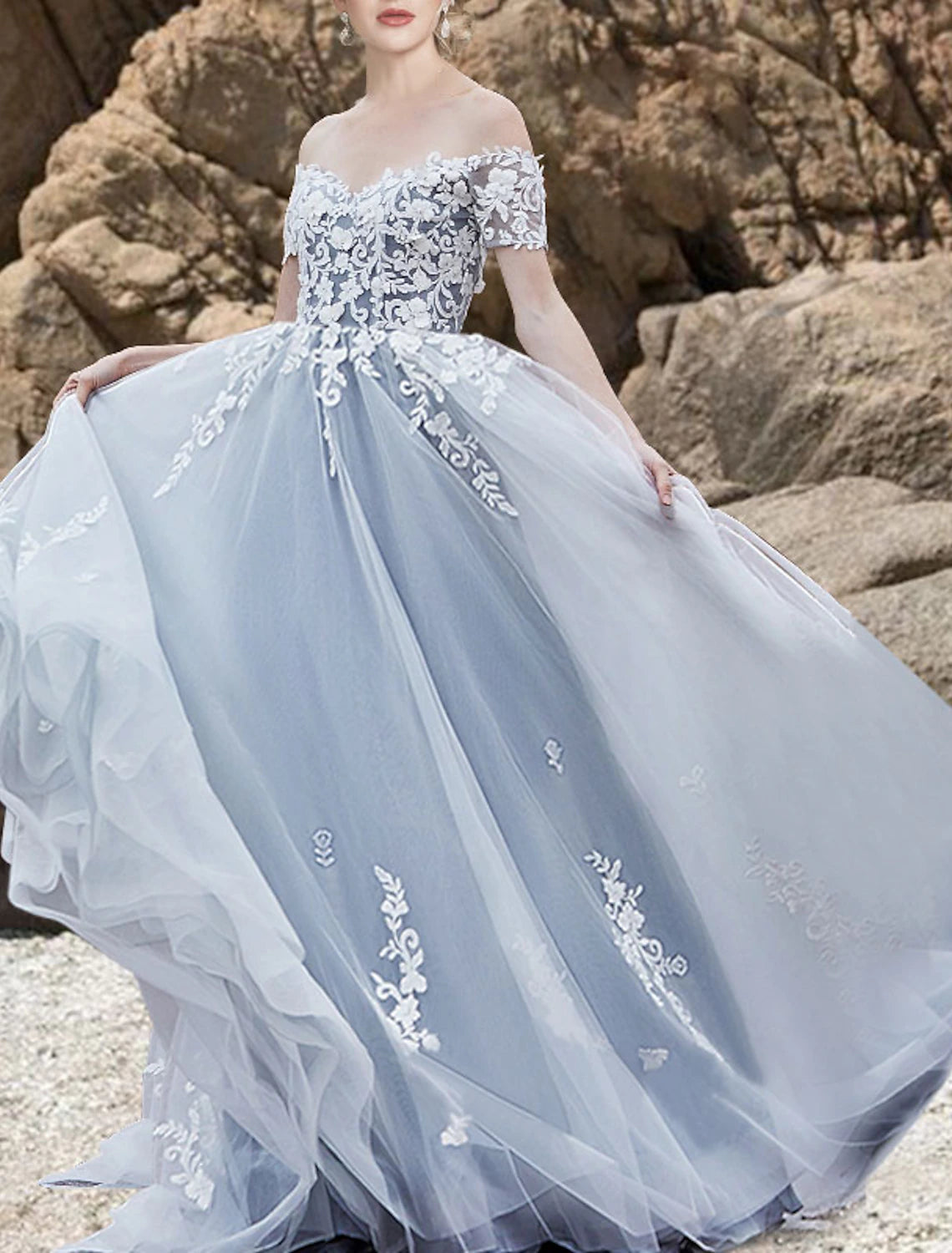 Wholesa Engagement Gothic Wedding Dresses in Color Formal Wedding Dresses A-Line Off Shoulder Short Sleeve Sweep / Brush Train Lace Bridal Gowns With Bow(s) Appliques