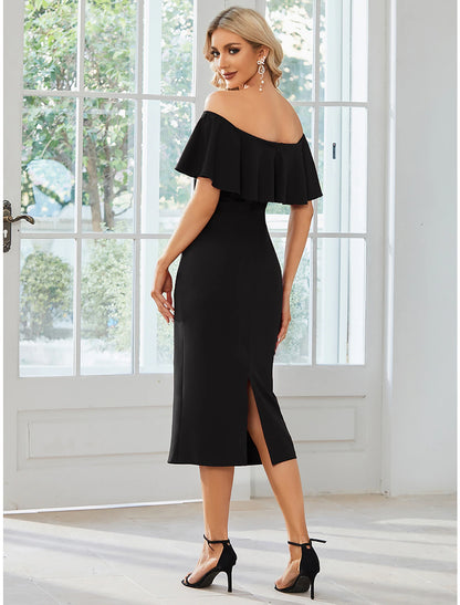 Wholesale Sheath / Column Wedding Guest Dresses Minimalist Dress Party Wear Tea Length Short Sleeve Off Shoulder Stretch Fabric with Slit Pure Color