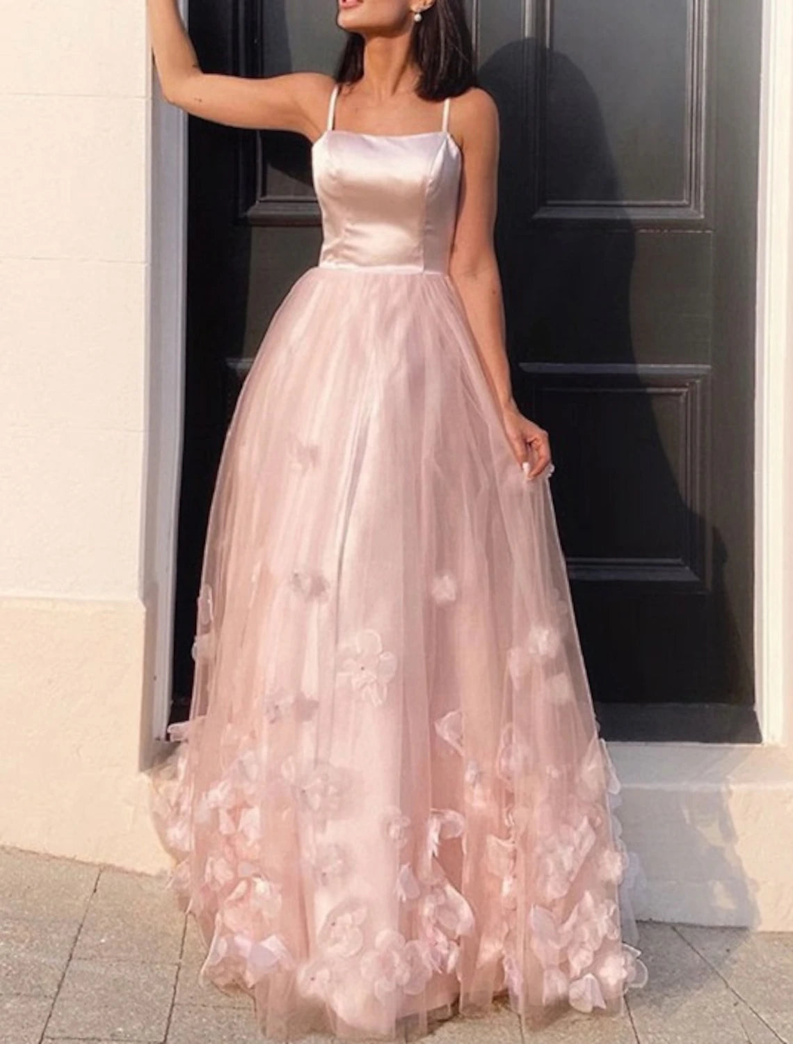 Wholesale A-Line Prom Dresses Floral Dress Performance Floor Length Sleeveless Spaghetti Strap Tulle with Pleats Appliques