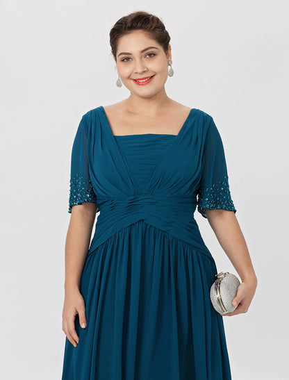 wholesale Ball Gown A-Line Mother of the Bride Dress Formal Classic & Timeless Elegant & Luxurious Plus Size Square Neck Floor Length Chiffon Short Sleeve No with Pleats Beading