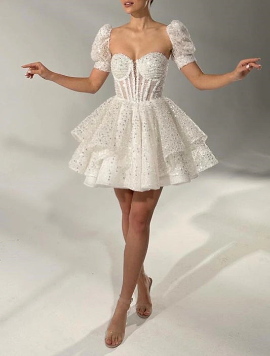 Wholesa A-Line Cocktail Dresses Corsets Dress Wedding Guest Birthday Short / Mini Short Sleeve Square Neck Sequined with Pearls Sequin