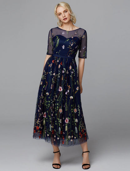 Wholesale A-Line Floral Dress Holiday Tea Length Half Sleeve Illusion Neck Lace with Embroidery Appliques