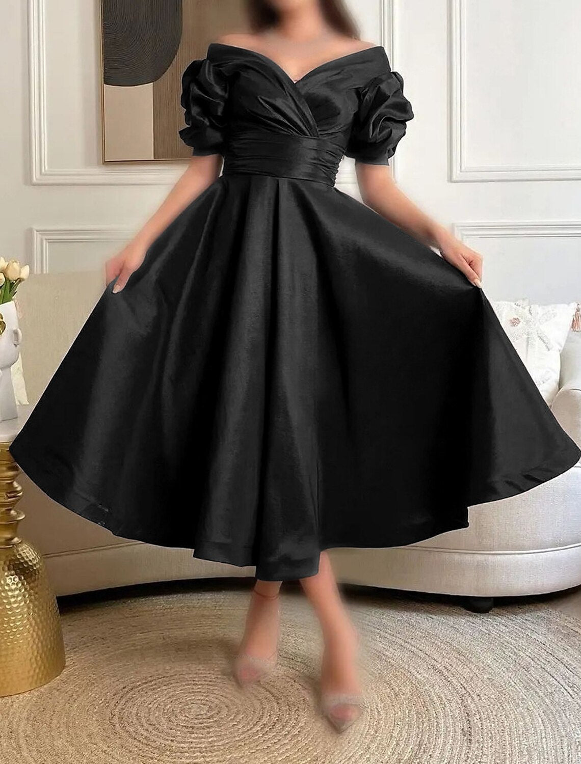 Wholesa A-Line Cocktail Dresses Elegant Dress Formal Prom Tea Length Short Sleeve Sweetheart Satin with Ruched