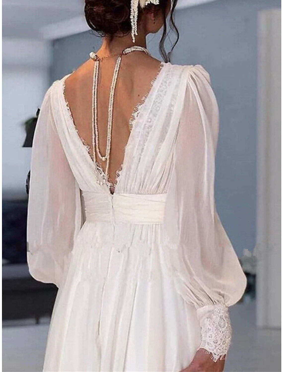 Wholesa Formal Wedding Dresses A-Line V Neck Long Sleeve Sweep / Brush Train Chiffon Bridal Gowns With Pleats Solid Color