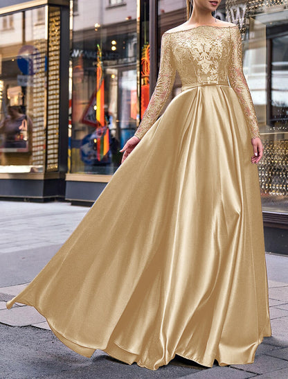 Wholesa A-Line Evening Gown Party Dress Elegant Dress Wedding Guest Fall Floor Length Long Sleeve Off Shoulder Belt / Sash Satin with Appliques