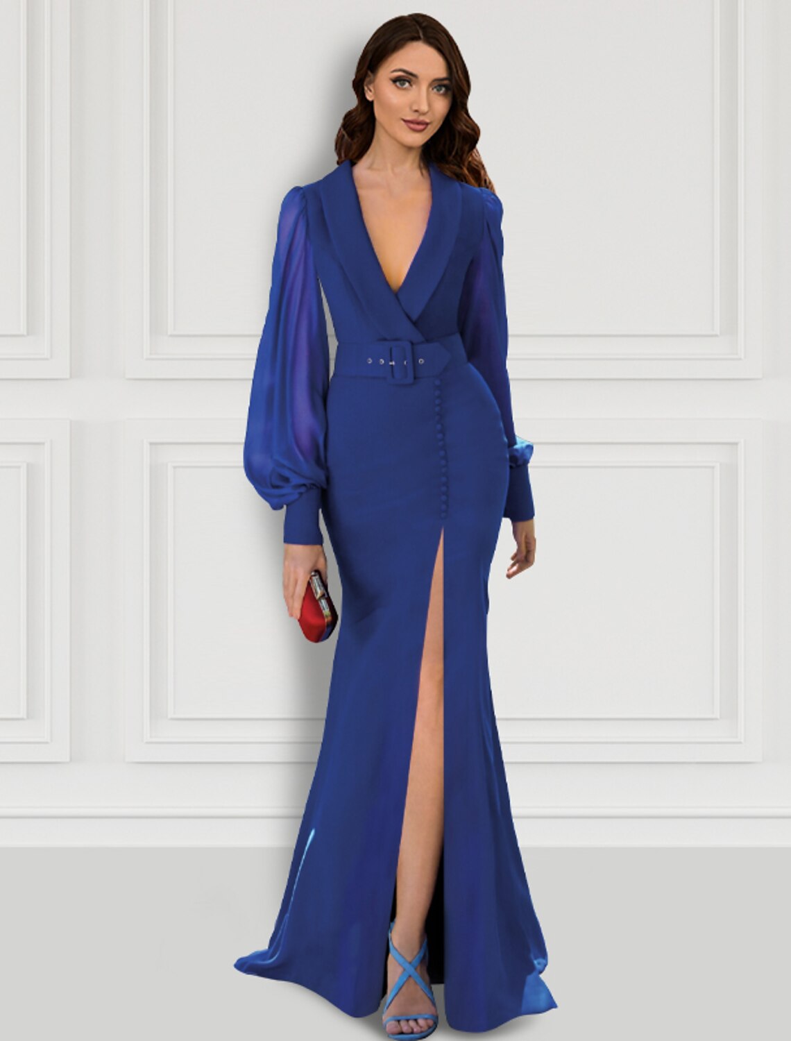 Wholesa Mermaid / Trumpet Evening Gown Elegant Dress Formal Wedding Guest Sweep / Brush Train Long Sleeve V Neck Belt / Sash Stretch Fabric with Buttons Slit