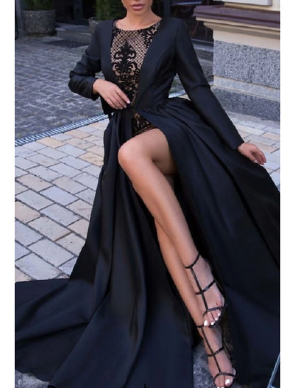 Wholesa Ball Gown Evening Gown Black Dress Vintage Halloween Wedding Party Sweep / Brush Train Long Sleeve Illusion Neck Wednesday Addams Family Satin with Slit Overskirt