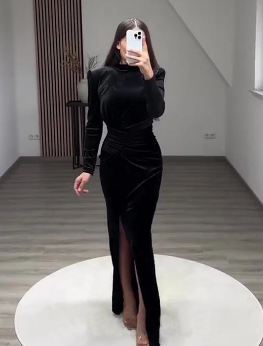 Wholesa  Sheath Black Dress Plus Size Evening Gown Vintage Dress Formal Cocktail Party Floor Length Long Sleeve High Neck Velvet with Slit