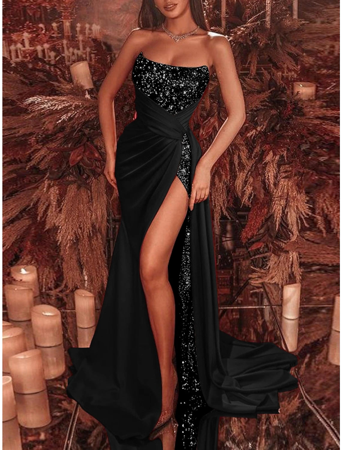 Wholesa Sheath Black Dress Evening Gown Celebrity Style Dress Formal Court Train Sleeveless Strapless Sequined with Ruched Sequin Slit