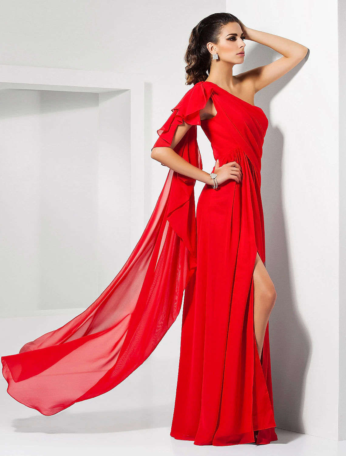 Wholesa  Sheath Christmas Red Green Dress Empire Wedding Guest Formal Evening Dress One Shoulder Sleeveless Floor Length Chiffon with Draping Slit