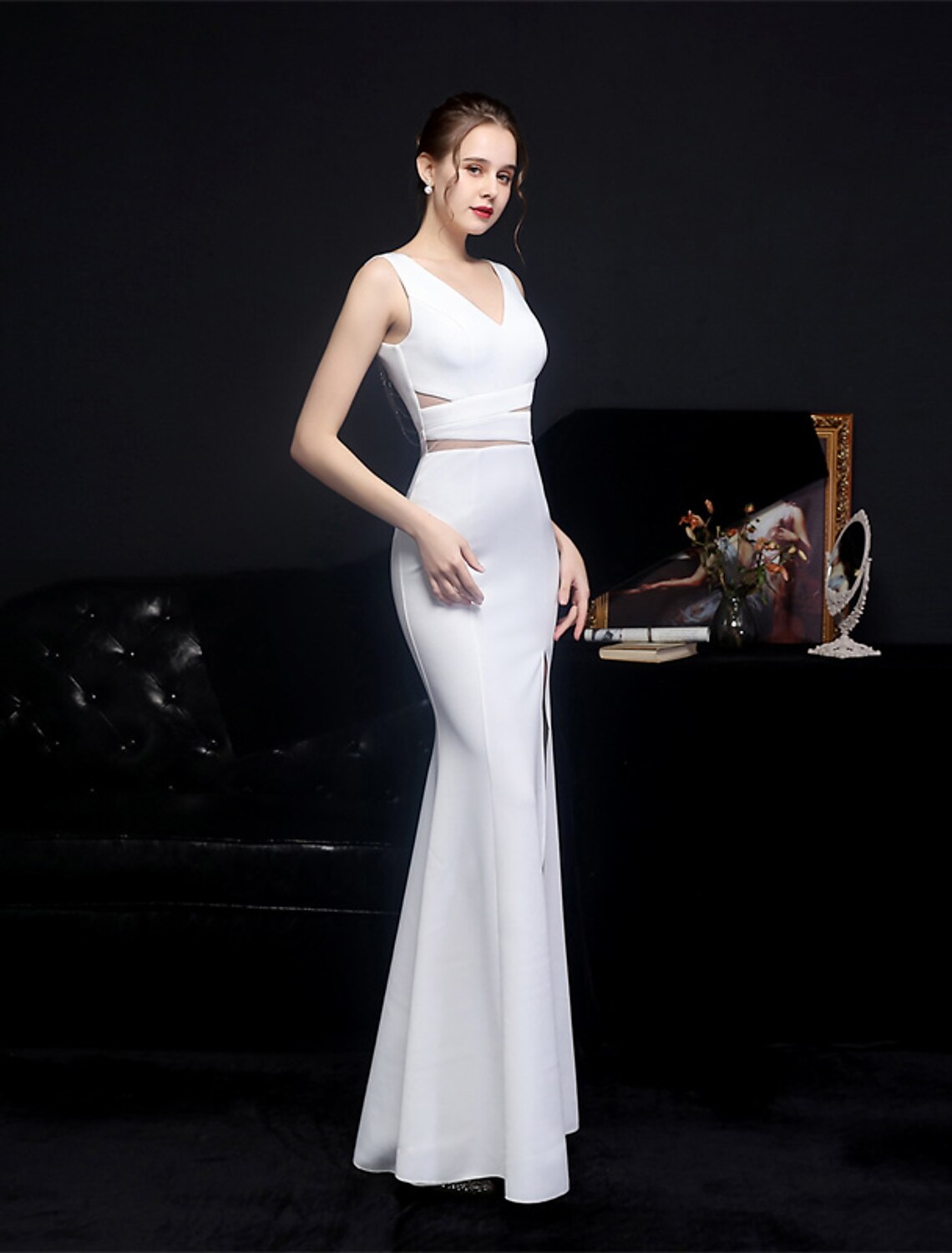 Wholesa Mermaid / Trumpet Prom Dresses Elegant Dress Formal Wedding Guest Floor Length Sleeveless V Neck Polyester with Slit