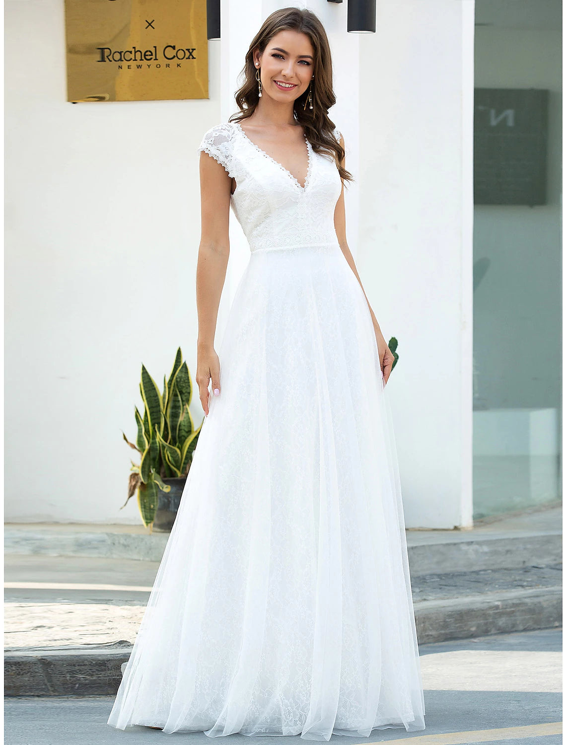 Wholesale Beach Wedding Dresses A-Line V Neck Cap Sleeve Floor Length Lace Bridal Gowns With Lace Summer Wedding Party