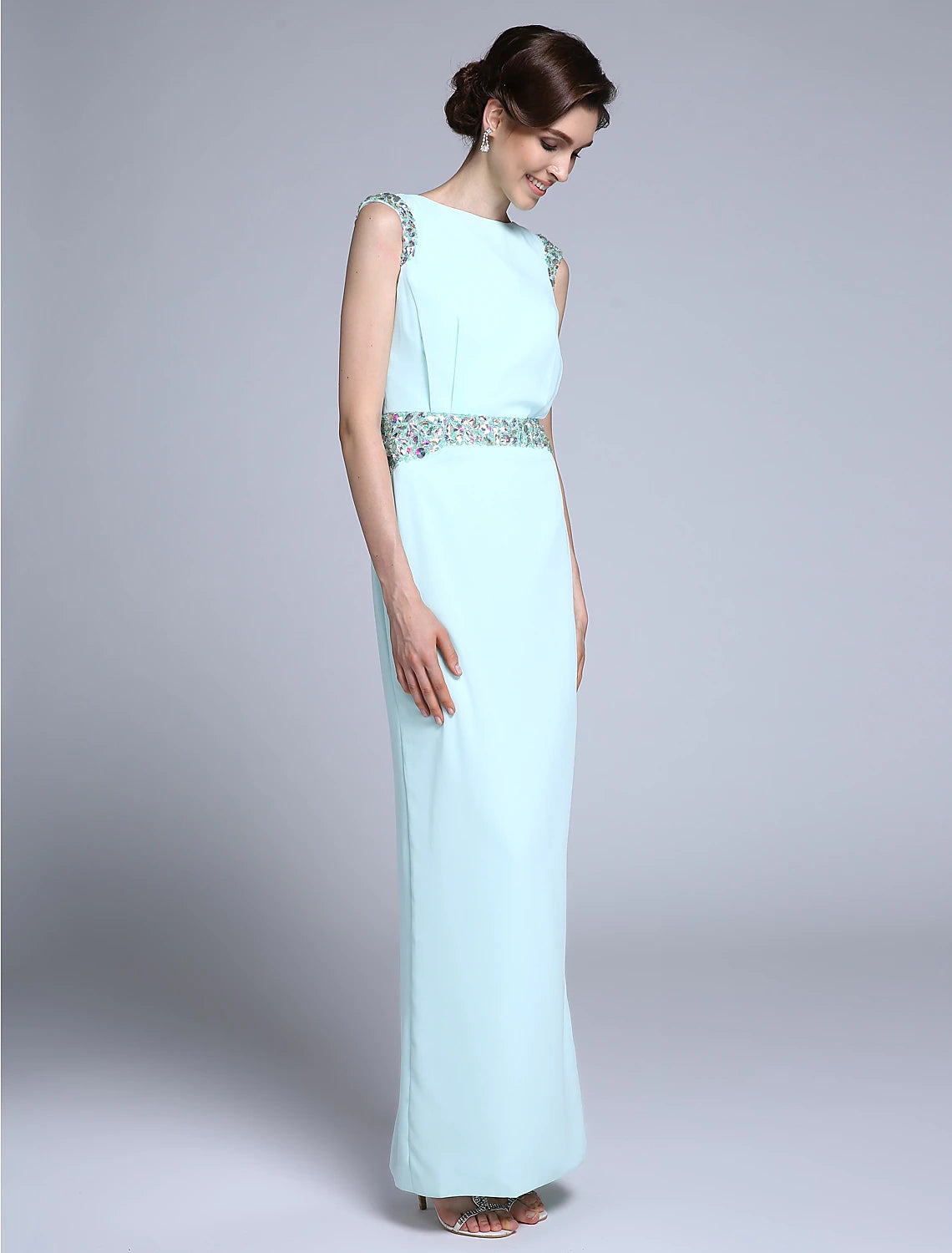 wholesale Sheath / Column Mother of the Bride Dress Elegant Bateau Neck Ankle Length Chiffon Sleeveless No with Crystals