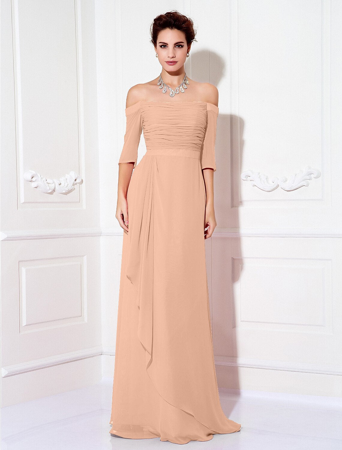 Wholesa Sheath / Column Minimalist Dress Wedding Guest Formal Evening Sweep / Brush Train Half Sleeve Off Shoulder Bridesmaid Dress Chiffon with Ruched Draping