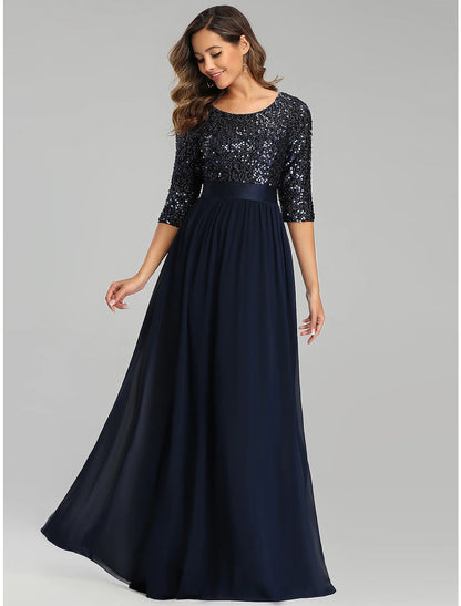 wholesale  A-Line Elegant Wedding Guest Formal Evening Dress Jewel Neck 3/4 Length Sleeve Floor Length Tulle with Sequin