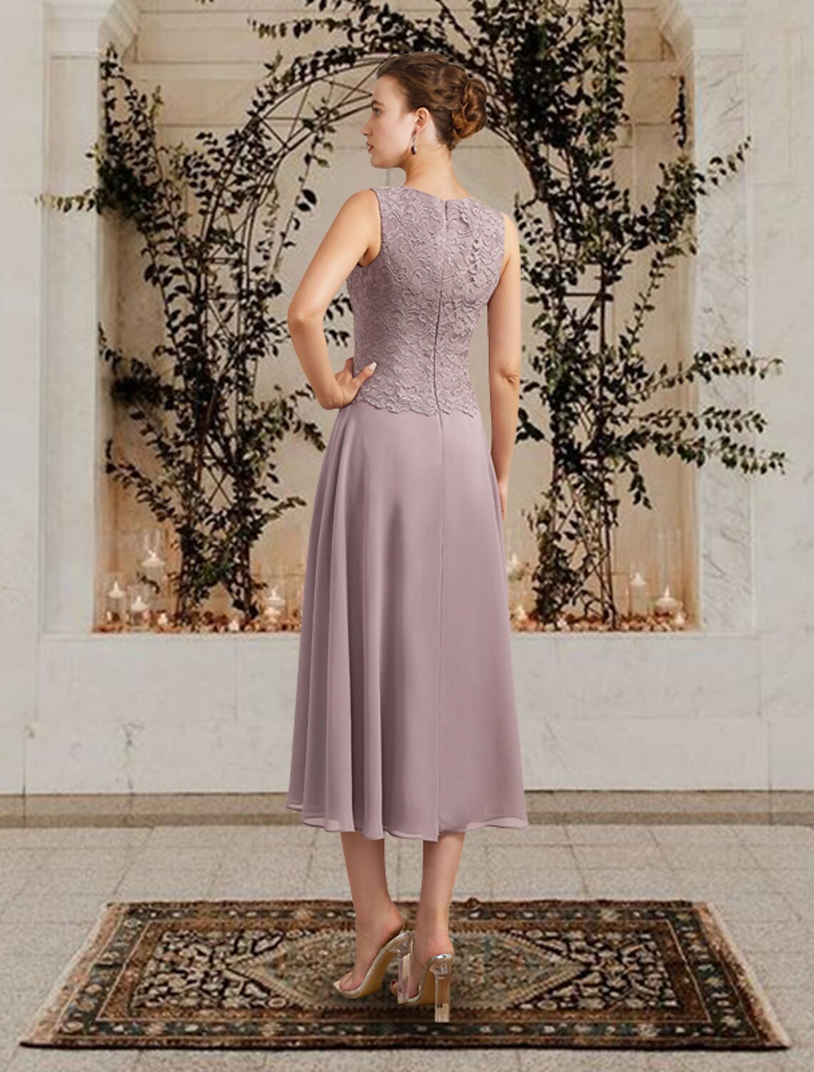 Wholesa  Two Piece A-Line Mother of the Bride Dress Church Elegant Jewel Neck Floor Length Tea Length Chiffon Lace Sleeveless Short Jacket Dresses with Ruffles Appliques