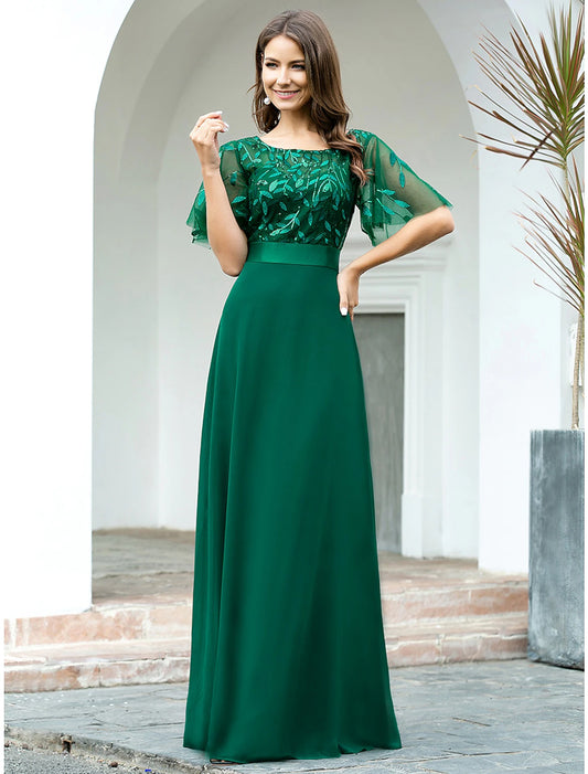 Wholesale A-Line Prom Dresses Empire Dress Evening Party Floor Length Short Sleeve Jewel Neck Chiffon V Back with Sequin