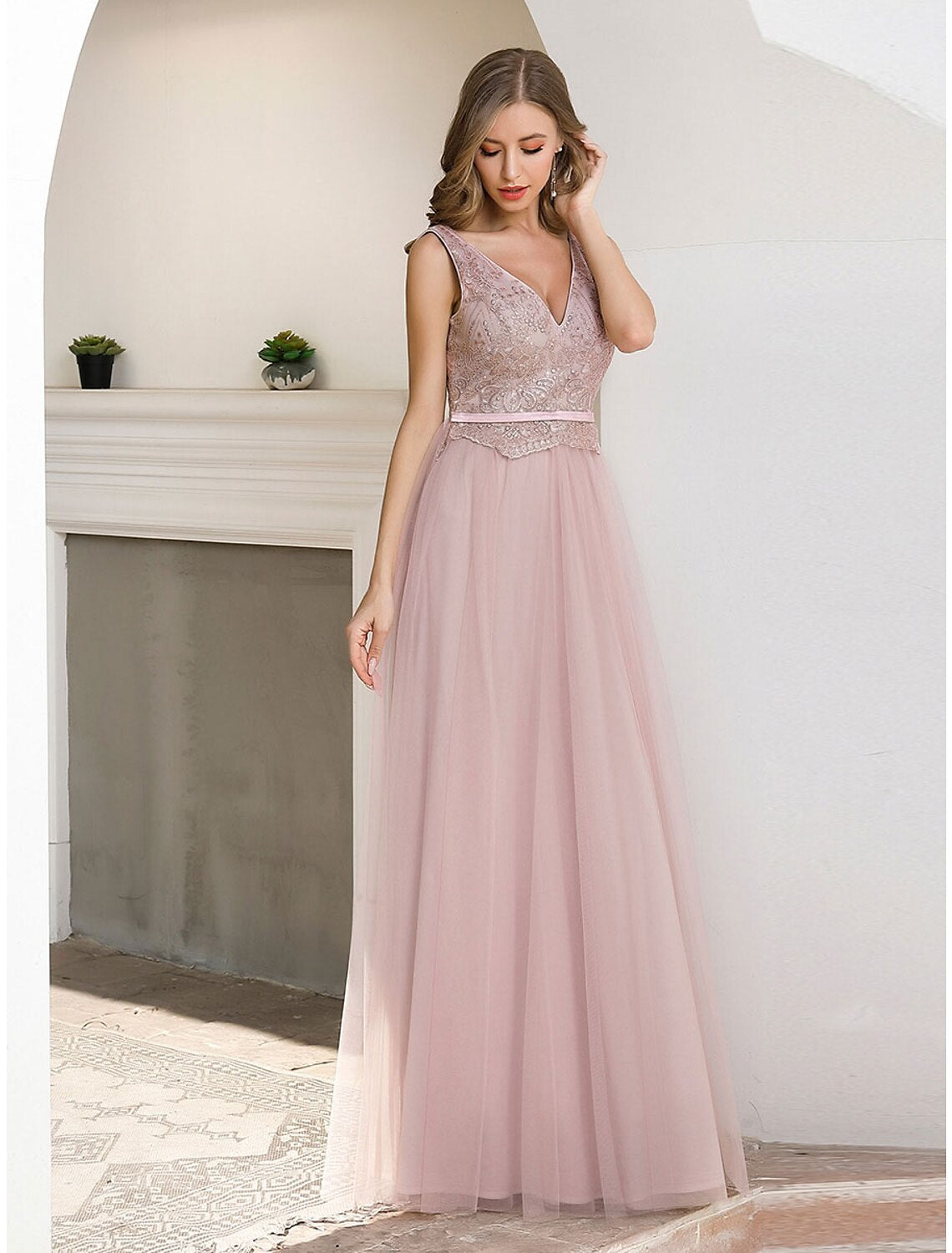 Wholesale A-Line Evening Gown Elegant Dress Wedding Guest Floor Length Sleeveless V Neck Satin V Back with Sash / Ribbon Sequin