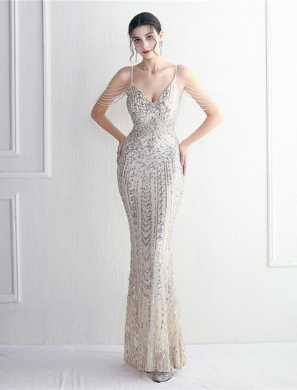 Wholesa Mermaid / Trumpet Evening Gown Sparkle & Shine Dress Formal Wedding Guest Floor Length Short Sleeve Spaghetti Strap Polyester with Beading Sequin