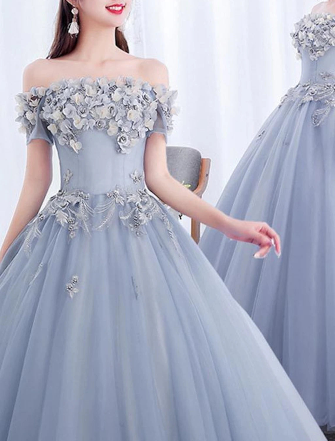 Wholesa Ball Gown Prom Dresses Floral Dress Quinceanera Prom Floor Length Short Sleeve Off Shoulder Polyester with Appliques Pure Color