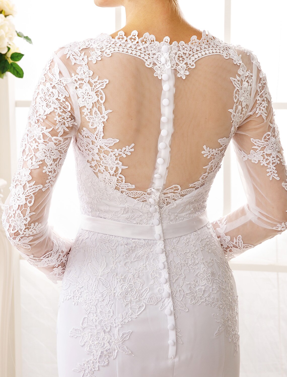 Wholesale Engagement Open Back Fall Formal Wedding Dresses Mermaid / Trumpet Illusion Neck Long Sleeve Court Train Chiffon Bridal Gowns With Sash / Ribbon Appliques 2023 Summer Wedding Party